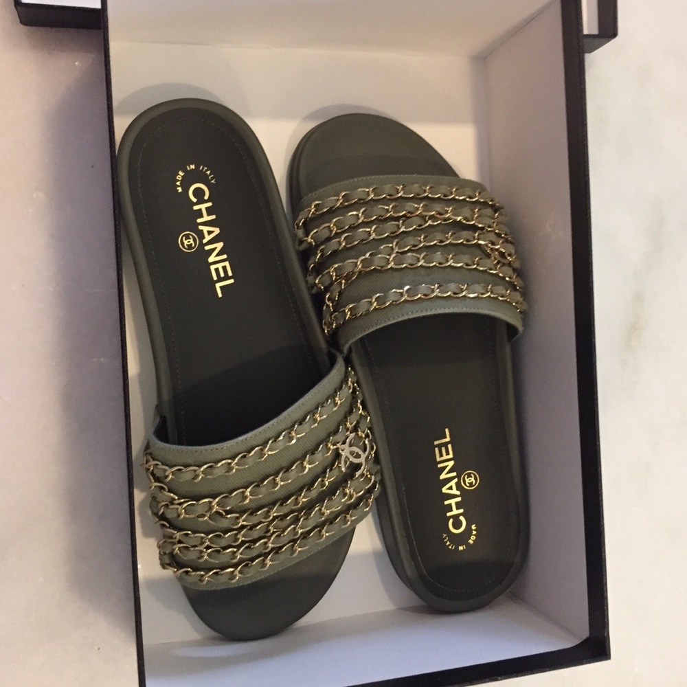 HP 10/5✨ Chanel Tropicana Slides Khaki Size 40/10 - Picture 3 of 8
